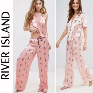 River Island Satin Pink Pajamas Cactus 3 piece